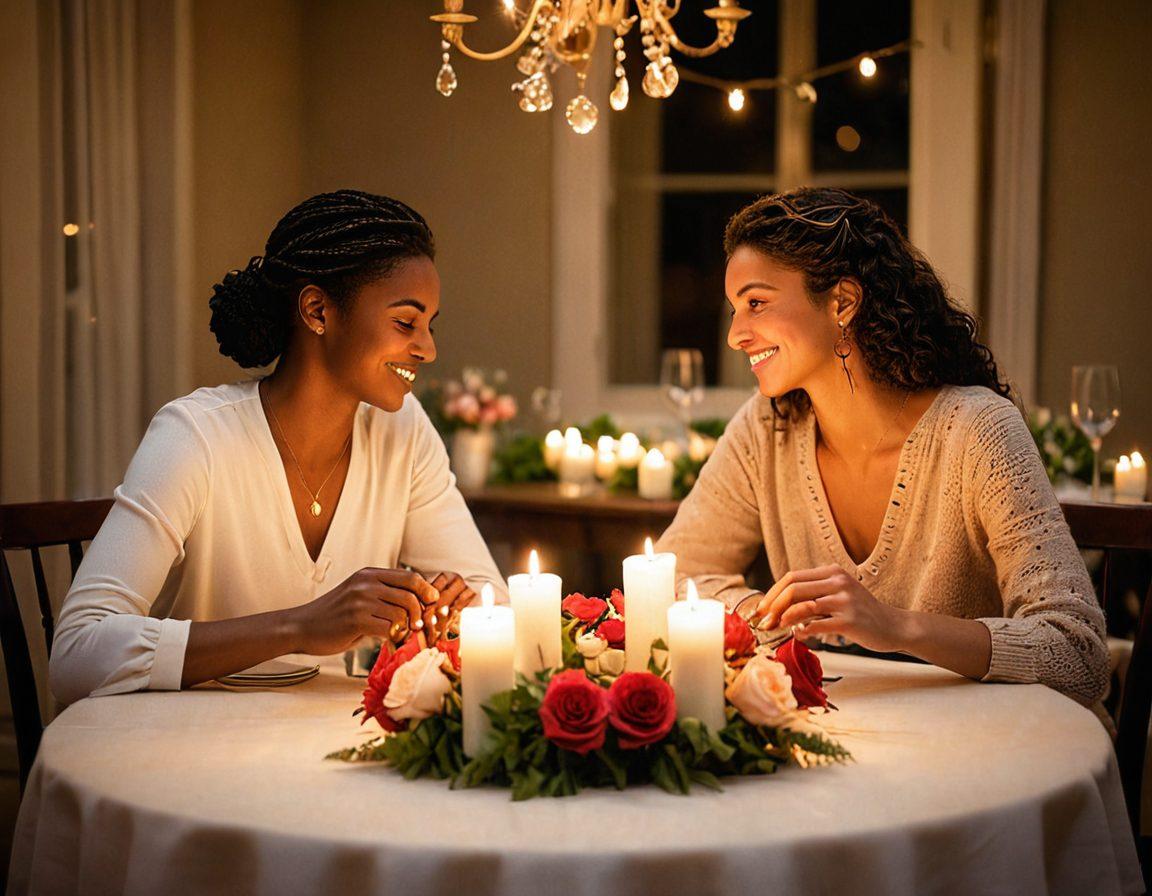 A cozy scene depicting two friends transitioning into a romantic relationship, seated at a candlelit table with soft lighting, surrounded by heart-shaped decorations and gentle floral arrangements. The ambiance should evoke warmth and intimacy, capturing their joyful expressions as they share a heartfelt conversation. Include subtle hints of their journey, like a shared memory photo in the background. romantic style. warm colors. soft focus.