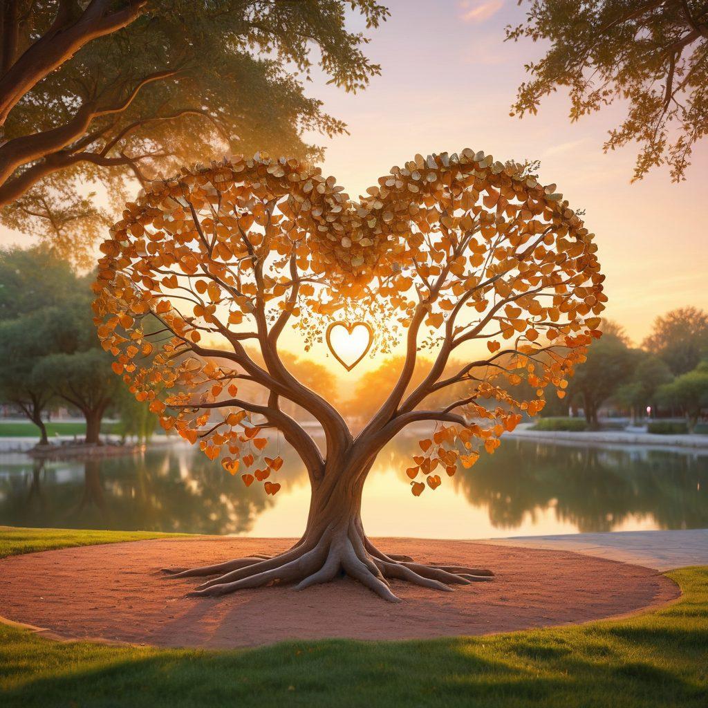 A heart-shaped tree with intertwining branches symbolizing romantic connections, surrounded by a serene park setting filled with couples sharing affectionate moments. Soft pastel colors in the background, with a gentle sunset casting a warm glow. Include small love locks hanging from the tree branches, representing lasting bonds. super-realistic. vibrant colors. serene atmosphere.
